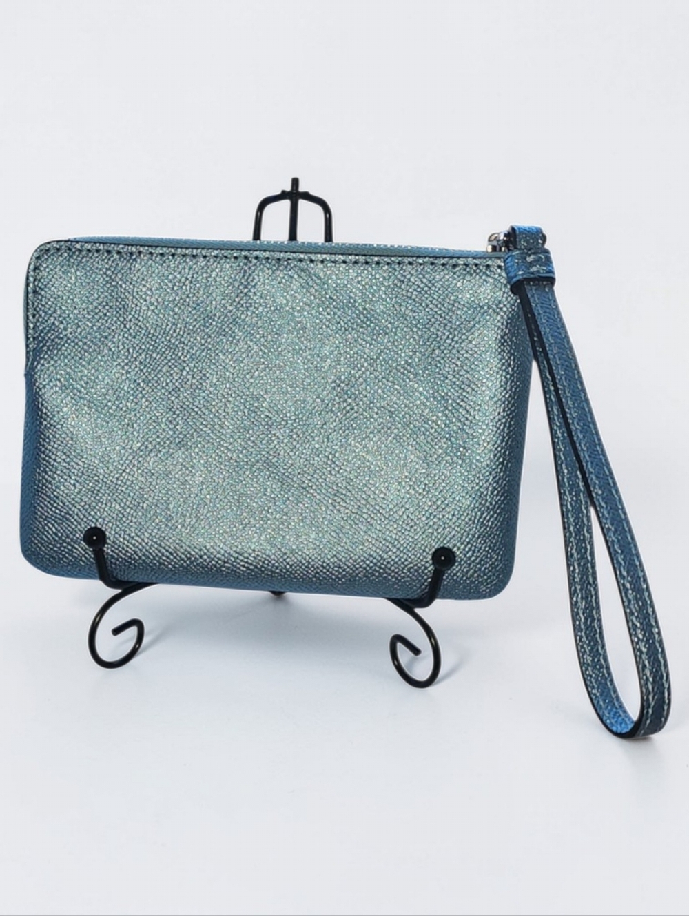 Coach Metallic Blue Corner Zip Wristlet Crossgrain Leather EUC w/ Dust Bag - Picture 4 of 9